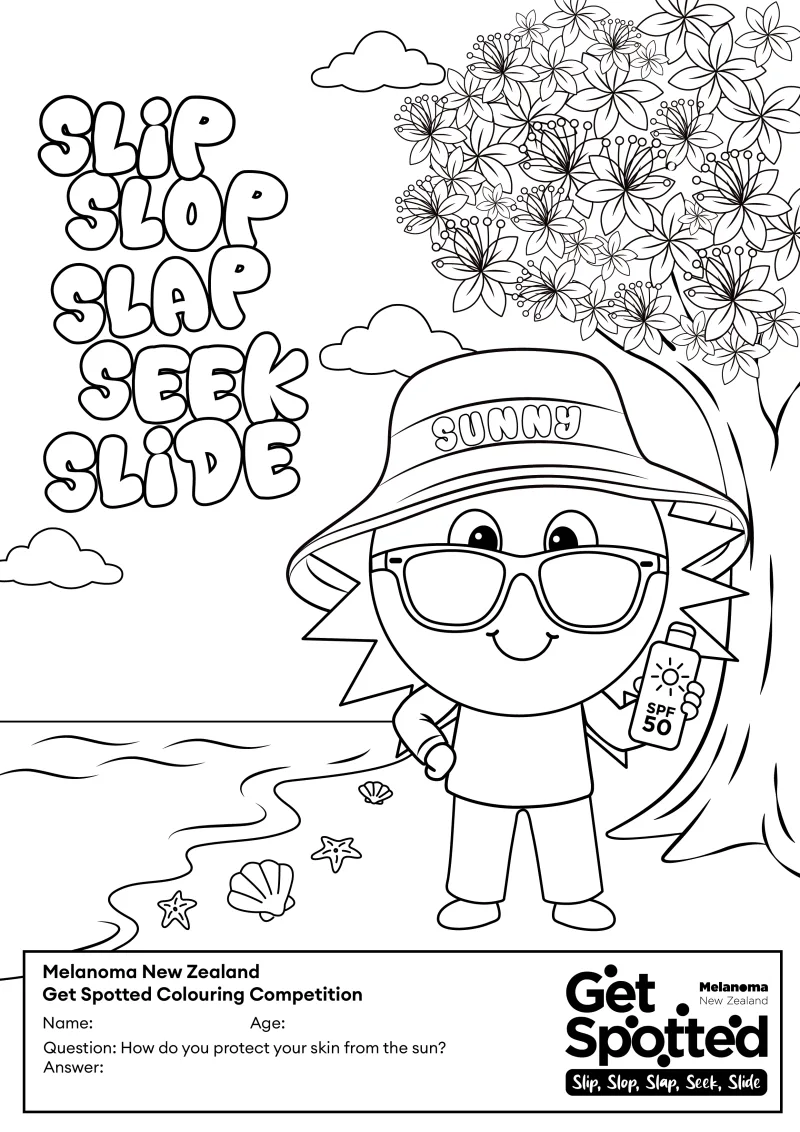 The Get Spotted colouring-in sheet: Sunny, a smiling sun in a hat and sunglasses holding sunscreen on a beach, beside the words Slip, Slop, Slap, Seek, Slide.